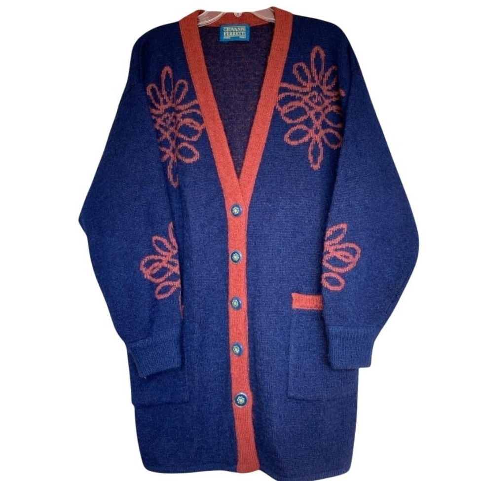 Giovanni Ferretti Paris Italy Cardigan Sweater Floral Knit Blue Orange Women L